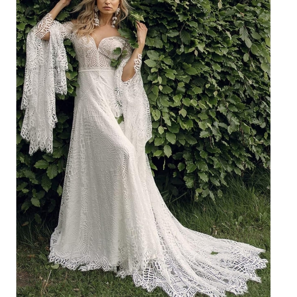 Bohemian Bell Sleeve Wedding Dress - Picture 4 of 16